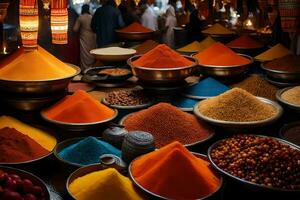 many different types of spices are displayed in bowls. AI-Generated photo