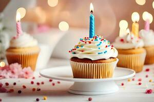 birthday cupcakes with candles. AI-Generated photo