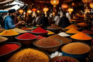 a market with many bowls of spices and bowls of food. AI-Generated photo