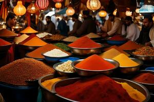 a market with many bowls of different colored spices. AI-Generated photo