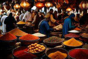 a market with many people in it with lots of spices. AI-Generated photo