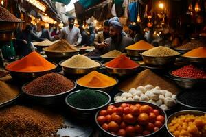 a market with many different types of spices. AI-Generated photo