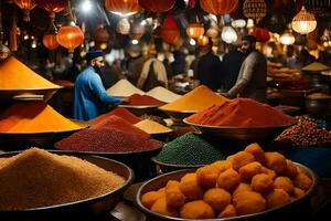 a market with many bowls of spices and other items. AI-Generated photo