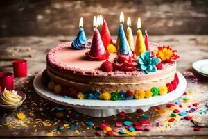 a birthday cake with colorful candles on top. AI-Generated photo