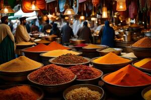 a market with many bowls of spices and food. AI-Generated photo