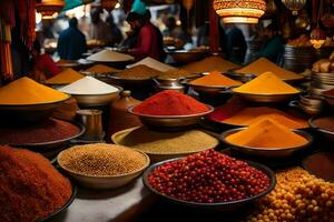 a variety of spices and other food items are on display. AI-Generated photo