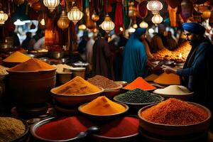 a man is standing in front of a market with many bowls of spices. AI-Generated photo