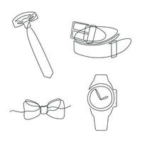 Men's accessories drawn in one continuous line. One line drawing, minimalism. Vector illustration.