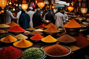 a market with many bowls of spices and other items. AI-Generated photo