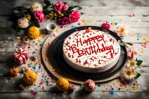 happy birthday cake on a wooden table. AI-Generated photo