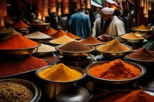 a man is standing in front of a market with many bowls of spices. AI-Generated photo