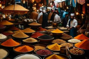 a market with many bowls of spices and other items. AI-Generated photo