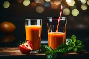 two glasses of orange juice with strawberries and mint leaves. AI-Generated photo