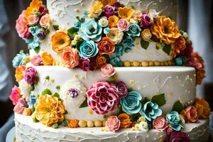 a three tiered cake with colorful flowers on it. AI-Generated photo