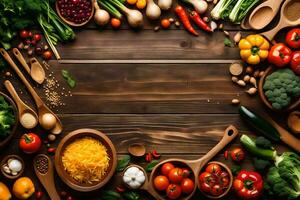 various vegetables and fruits arranged on a wooden table. AI-Generated photo