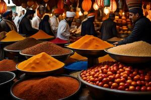 a market with many bowls of spices and other items. AI-Generated photo