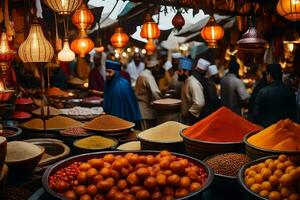 un mercado con muchos personas y un montón de alimento. generado por ai foto