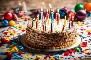 un cumpleaños pastel con iluminado velas en cima. generado por ai foto