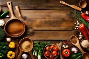 various vegetables and spices are arranged on a wooden table. AI-Generated photo