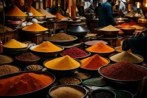 a market with many different types of spices. AI-Generated photo