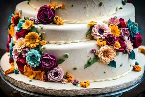 a three tiered cake with colorful flowers on it. AI-Generated photo