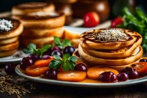 pancakes with fruit and vegetables on a plate. AI-Generated photo