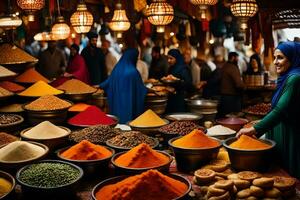 a woman in a blue dress is standing in front of a market with many bowls of spices. AI-Generated photo