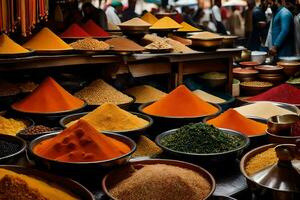 a market with many different types of spices. AI-Generated photo