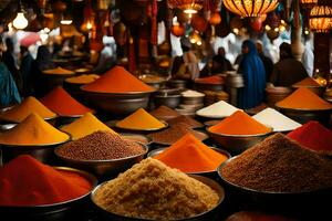 many bowls of spices are on display in a market. AI-Generated photo