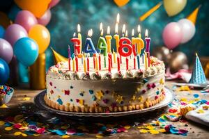 un cumpleaños pastel con iluminado velas en él. generado por ai foto