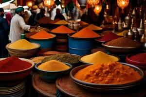 many bowls of colorful spices are on display. AI-Generated photo