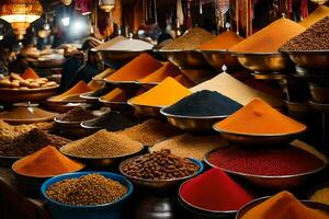 a market with many different types of spices. AI-Generated photo