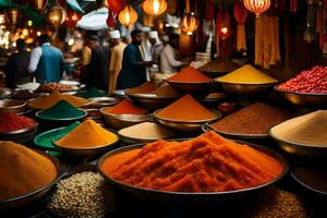 a market with many different types of spices. AI-Generated photo