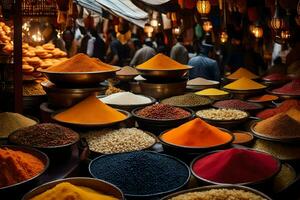 many bowls of colorful spices are on display. AI-Generated photo