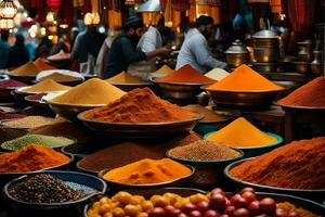 many different types of spices are on display in bowls. AI-Generated photo