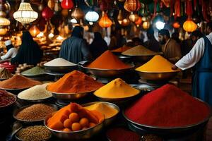 a market with many bowls of spices and other items. AI-Generated photo