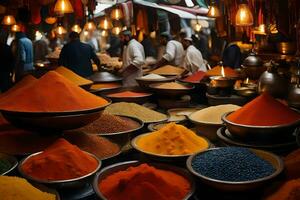 many bowls of colorful spices are on display. AI-Generated photo