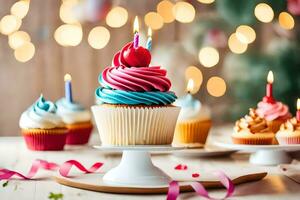 birthday cupcakes with candles. AI-Generated photo