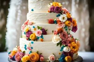 a wedding cake with colorful flowers on top. AI-Generated photo