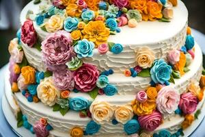 a wedding cake with colorful flowers on top. AI-Generated photo