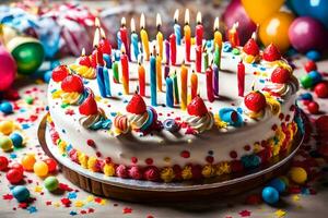 a birthday cake with many candles and colorful decorations. AI-Generated photo