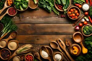 a wooden background with many different types of vegetables and spices. AI-Generated photo