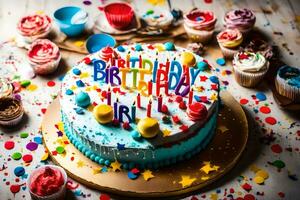 un cumpleaños pastel con vistoso asperja y velas generado por ai foto