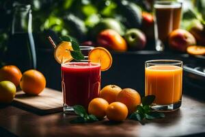 two glasses of juice with oranges and oranges. AI-Generated photo