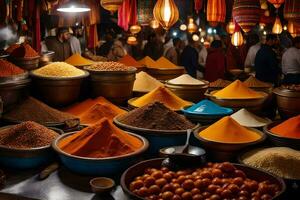 a market with many different types of spices. AI-Generated photo