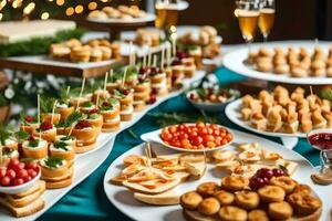 a buffet table with appetizers and drinks. AI-Generated photo