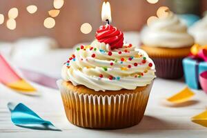 a cupcake with a candle on top and colorful streamers. AI-Generated photo