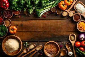 a variety of spices and vegetables in wooden bowls. AI-Generated photo