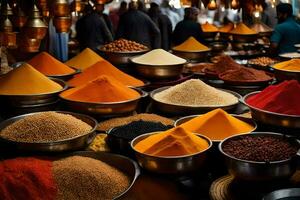 many bowls of spices are on display in a market. AI-Generated photo