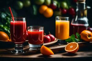 fresh juice in glasses on a wooden table. AI-Generated photo